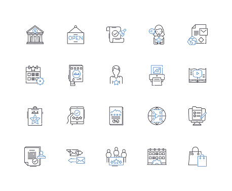 Reputation outline icons collection. Trusrthiness, Credibility, Reliability, Dependability, Authenticity, Integrity, Respectability vector and illustration concept set. Status,Repute linear signs and symbols