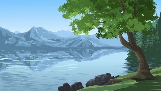 Lake and mountain scenery with trees and rocks in foreground. Vector nature landscape