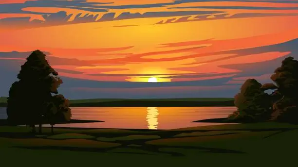 Vector illustration of Beautiful orange sky over a lake with trees in the lakeside