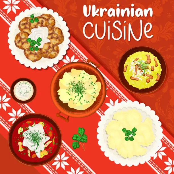 Vector illustration of Ukrainian cuisine advertising banner. Borscht, dumplings. Ukrainian dishes on the tablecloth