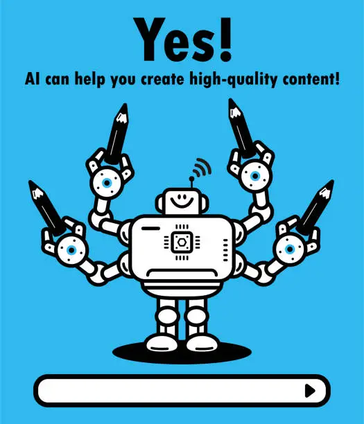Vector illustration of An artificial intelligence robot with four hands holding pencils, AI can help you create high-quality content