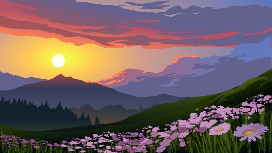 Vector illustration of colorful sunset over mountain forest with flowers and mountain in the distance