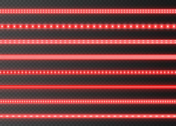 istock Red LED strips collection, bright luminous ribbons isolated on a transparent background. Realistic neon garlands. 1487394500