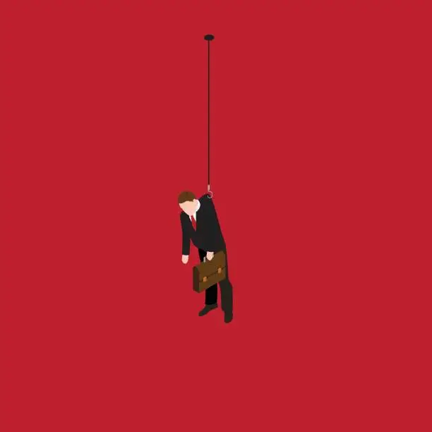 Vector illustration of Hopeless businessman hanging on fishing hook feeling depressed