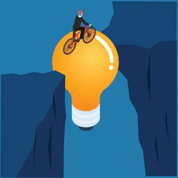 Vector illustration of Businessman with bicycle crossing an abyss over a lightbulb