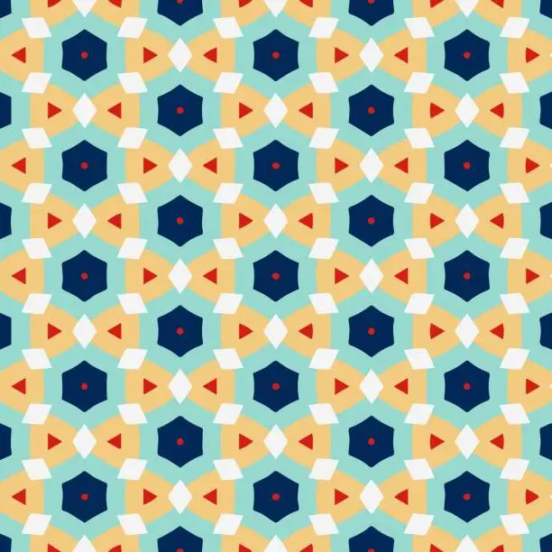Vector illustration of seamless pattern of pentagons, hexagons and triangles in yellow, green blue red for wallpapers, backgrounds and Indonesian batik cloth motifs