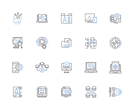 Programming language outline icons collection. Syntax, Compiler, Debugger, Variable, Function, Object, Class vector and illustration concept set. Interface,Inheritance linear signs and symbols