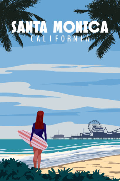 ilustrações, clipart, desenhos animados e ícones de cartaz vintage de viagem califórnia santa monica beach vector - beach sunlight surfboard santa claus