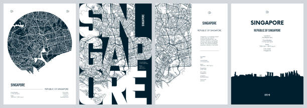 싱가포르와 함께 여행 포스터 세트, 상세한 도시 거리 계획 도시지도, 실루엣 도시 스카이 라인, 벡터 작품 - silhouette cartography singapore map stock illustrations