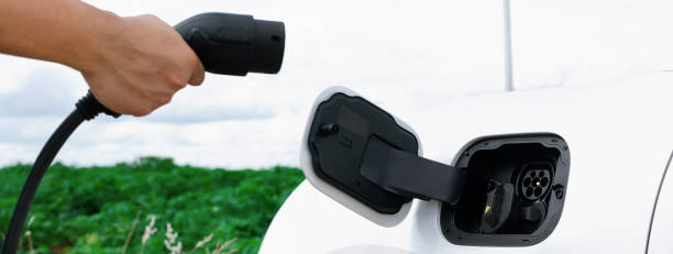 istock Hand insert connector plug to EV with progressive natural scenic and windturbine 1487399054