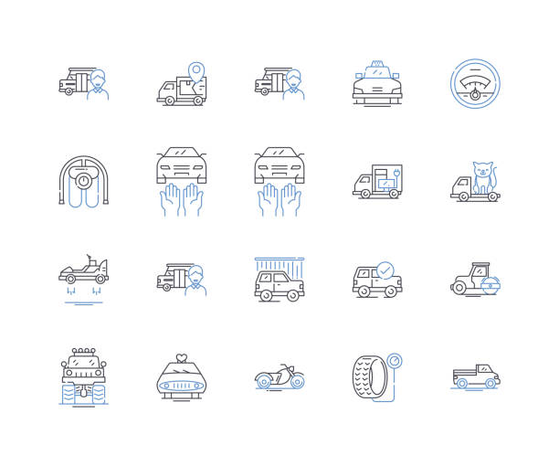 ilustrações de stock, clip art, desenhos animados e ícones de trailer line icons collection. utility, haul, cargo, transport, hitch, towing, mobile vector and linear illustration. camper,enclosed,flatbed outline signs set - semi truck vehicle trailer trucking cargo container