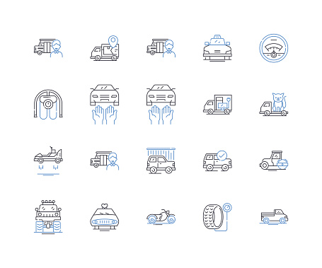Trailer outline icons collection. Utility, Haul, Cargo, Transport, Hitch, Towing, Mobile vector and illustration concept set. Enclosed,Flatbed linear signs and symbols