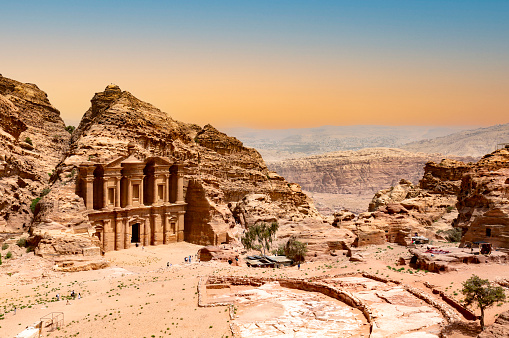 Petra, Jordan - Famous Treasury building, Al Khazneh, in Wadi Musa one of the new Seven Wonders of the World, ancient Roman world.