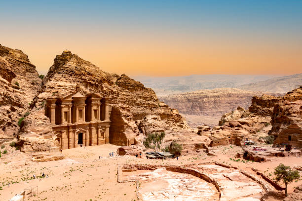 The Monastery or Ad Deir at beautiful sunset in Petra ruin and ancient city of Nabatean kingdom, Jordan, Arab, Asia stock photo