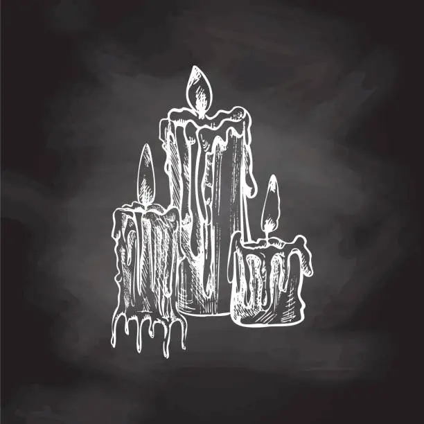 Vector illustration of Hand drawn sketch of burning candles. Vector illustration of a vintage style. Halloween or Christmas drawing isolated on chalkboard background.