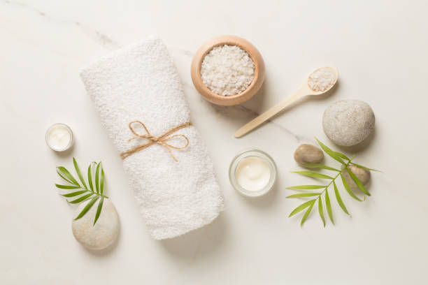 istock Composition with spa products on marble background, top view 1487401182