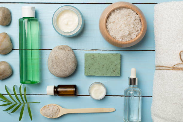 istock Composition with spa products on wooden background, top view 1487401288
