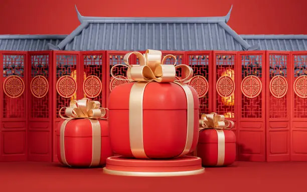 Gift box with Chinese ancient building background, 3d rendering. Digital drawing.