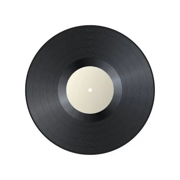 Vector illustration of Realistic black vintage vinyl record with white label. Gramophone LP vinyl disc sign