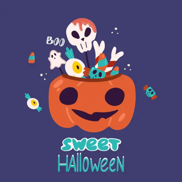 Vector illustration of A pumpkin-shaped pot with sweets. Scary Halloween sweets. Vector illustration with the inscription sweet Halloween