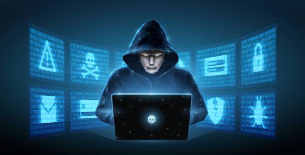 hacker. cyberkrimineller mit laptop und verwandten symbolen dahinter. cyberkriminalität, hackeraktivität, ddos-angriff, digitale systemsicherheit, betrugsgeld - threats stock-grafiken, -clipart, -cartoons und -symbole