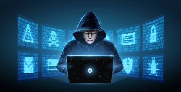 Hacker. Cyber criminal with laptop and related icons behind it. Cyber crime, hacker activity, ddos attack, digital system security, fraud money Hacker. Cyber criminal with laptop and related icons behind it. Cyber crime, hacker activity, ddos attack, digital system security, fraud money, cyberattack threat, malware virus alert concept hacker stock illustrations