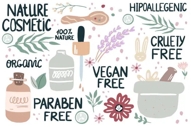 Vector illustration of Organic natural cosmetics. Vials, tubes and sign eco cosmetics.