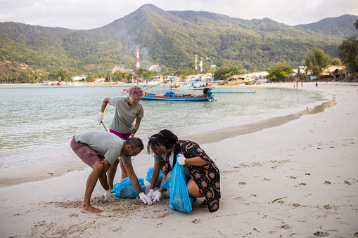 Multiracial group of people, male and female volunteer activists cleaning the beach together.