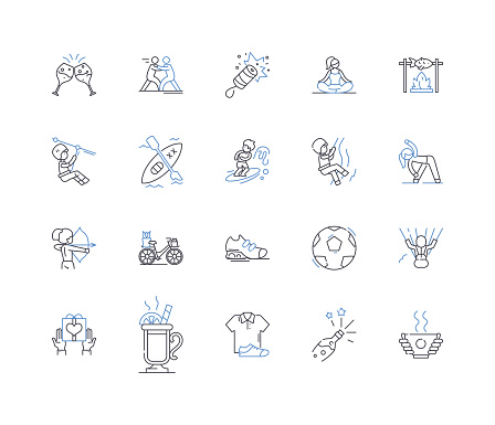 Spare time occupation outline icons collection. Writing, Painting, Gardening, Hiking, Reading, Cooking, Knitting vector and illustration concept set. Fishing,Hunting linear signs and symbols