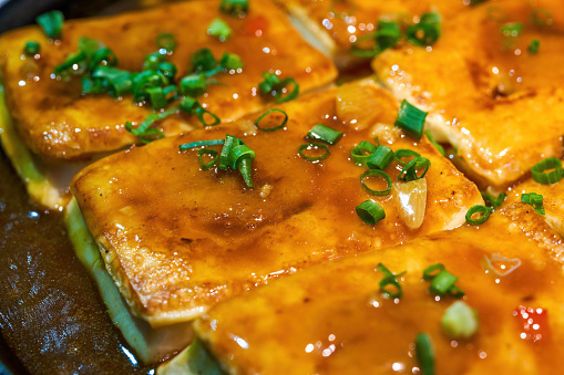 A delicious Chinese dish, braised tofu in abalone sauce