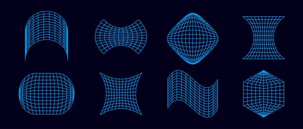 Vector illustration of Neon blue geometric wireframe collection. Abstract surface grid of different shape. Distorted perspective planes and object set. Vector element bundle for posters, flyers, collages, templates