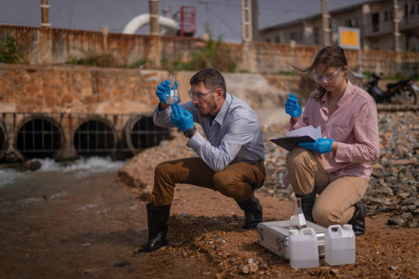 istock Scientist wearing protective uniform and glove under working water analysis and water quality by get waste water to check case in laboratory is environment pollution problem concept. 1487407542