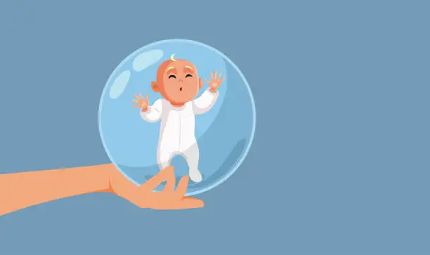 Vector illustration of Overprotective Parent Holding the Baby in a Bubble in her Hand Vector Cartoon
