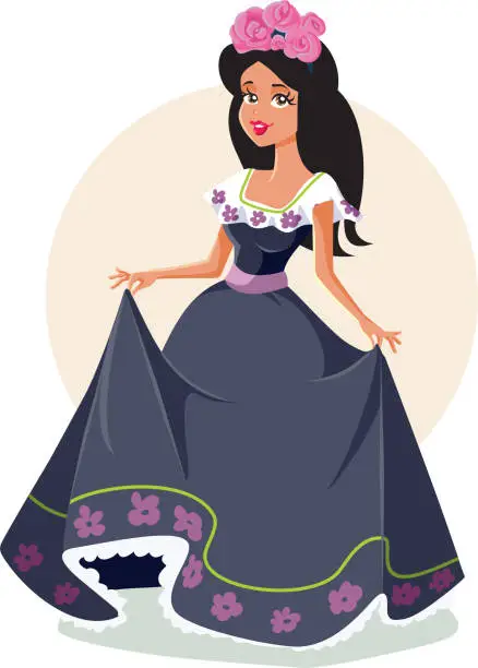 Vector illustration of Beautiful Mexican Girl Wearing a Beautiful Traditional Dress Vector Cartoon Illustration