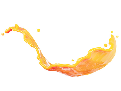 Closeup Orange juice splash curve isolated on white background. 3D Rendering. clipping part.