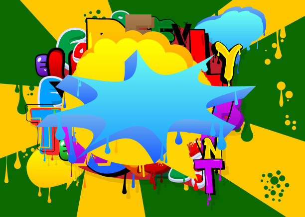 istock Blue Speech Bubble Graffiti with abstract colorful Background. Urban painting style backdrop. Discussion symbol in modern dirty street art decoration. 1487408519