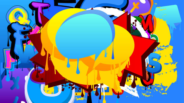 istock Blue Speech Bubble Graffiti with abstract colorful Background. Urban painting style backdrop. Discussion symbol in modern dirty street art decoration. 1487408648