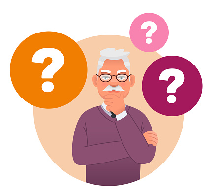 An old man with glasses, surrounded by question bubbles. An elderly man has a question. Portrait of a thoughtful gray-haired grandfather. A smart, thinking pensioner who solves problems. Vector cartoon illustration.