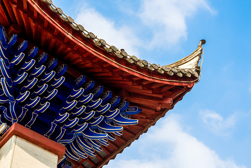 Chinese classical retro building, a close-up of a corner of the turret