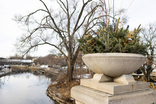 A stone planter filled with pine branches over the DuPage River along the Naperville riverwalk during the winter in Naperville Illinois