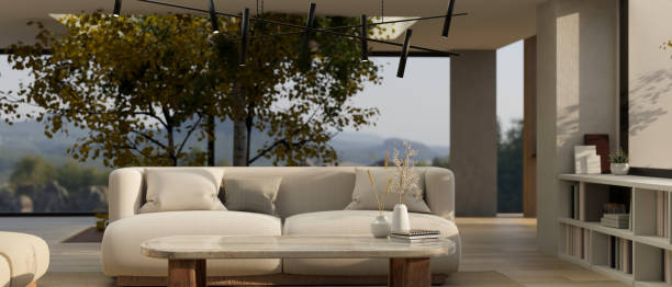 istock Copy space on a coffee table in a modern contemporary living room with indoor tree 1487414013