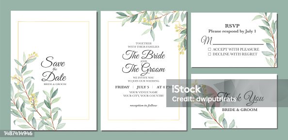 istock Manual painted of olive leaves watercolor as wedding invitation. 1487414946