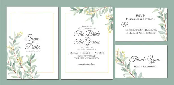 Vector illustration of Manual painted of olive leaves watercolor as wedding invitation.