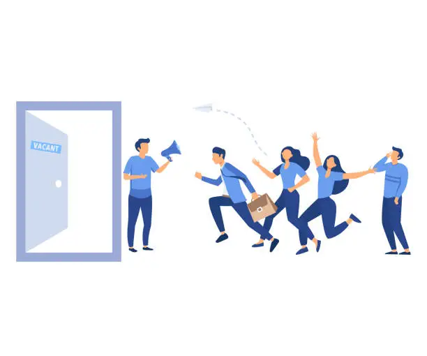 Vector illustration of recruitment agency, job seekers, job applicants, vacancy announcement, crowd of running people, flat vector modern illustration