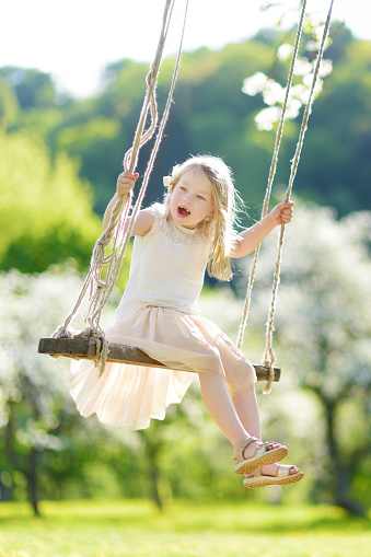 Cute little girl having fun on a swing in blossoming old apple tree garden outdoors on sunny spring day. Spring outdoor activities for kids.