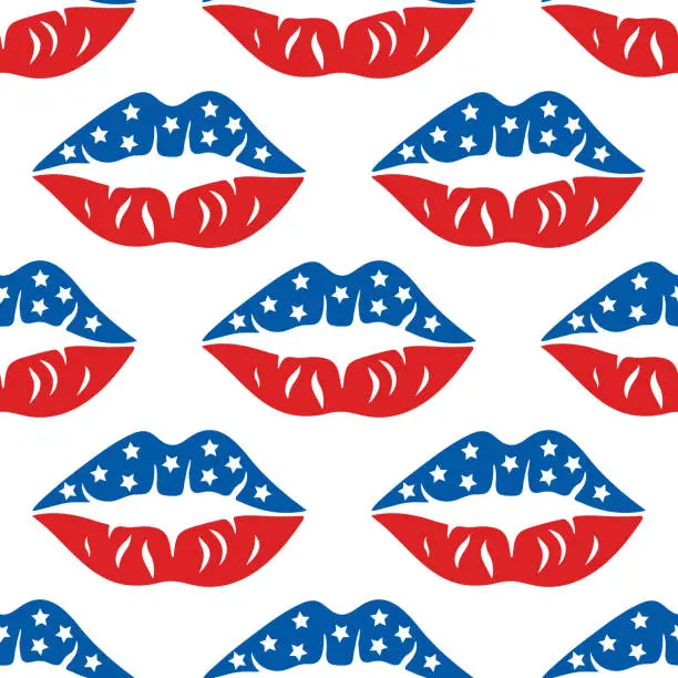 Vector illustration of American flag color lips seamless vector pattern. Bright blue-red kiss with white stars. USA Independence Day, July 4th. Traditional national holiday. Flat cartoon background for posters, print, web