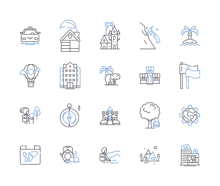 Navigation group outline icons collection. Location, Route, Direction, Map, Compass, Destination, Wayfinding vector and illustration concept set. Explorer,Topography linear signs and symbols