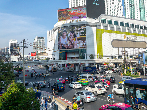 Bangkok, Thailand - Jan 30,2023 : Congested traffic around Pratunam Shopping Market Area in Bangkok, Thailand on Jan 30,2023.