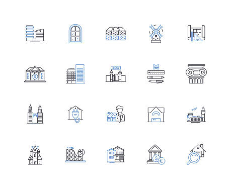 Mansion outline icons collection. Grandeur, Opulence, Extravagance, Luxury, Estate, Mansion, Palatial vector and illustration concept set. Splendor,Aristocratic linear signs and symbols