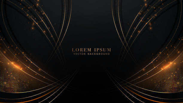 istock Golden lines curve on black background with sparkle glowing dots effect decoration. Luxury style vector design 1487425298